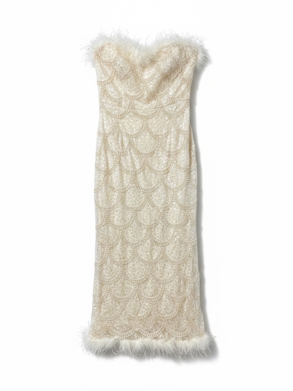 Lulus Uniquely Confident Cream Lace Feather Strapless Midi Dress Size Medium NWT - Picture 4 of 8